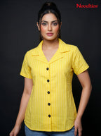 Pinstripe Open Collar Shirt with Dark Buttons