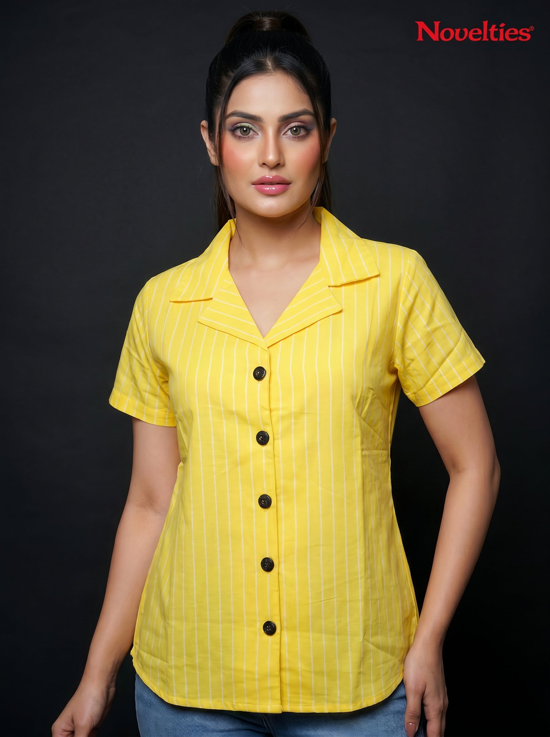 Pinstripe Open Collar Shirt with Dark Buttons