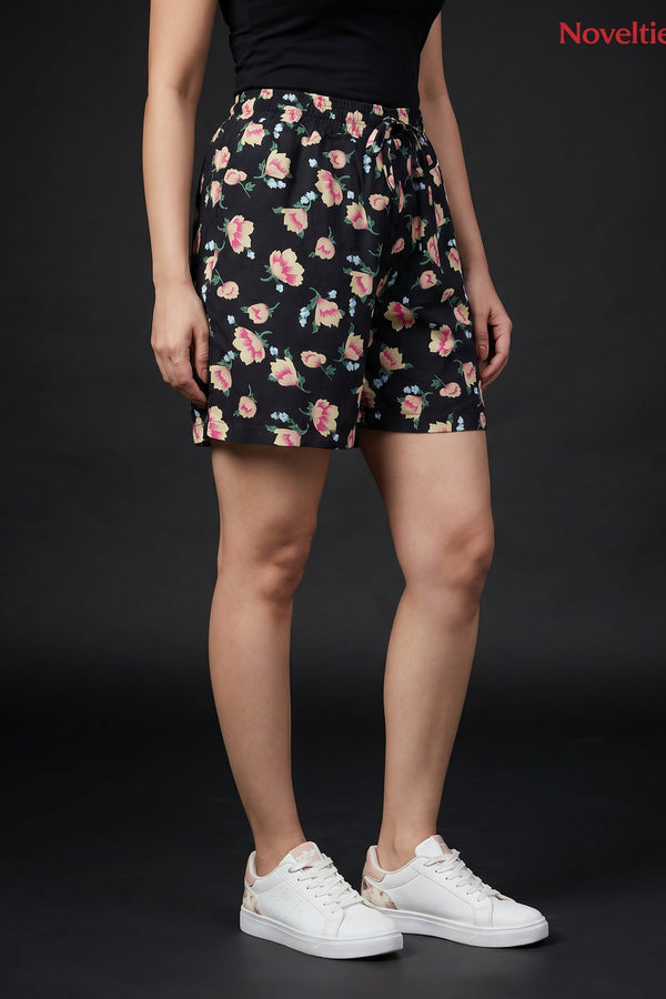 Black Floral Print Shorts