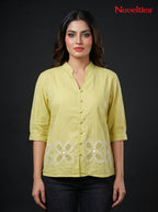 Cutwork Floral Hem Mandarin Collar Shirt