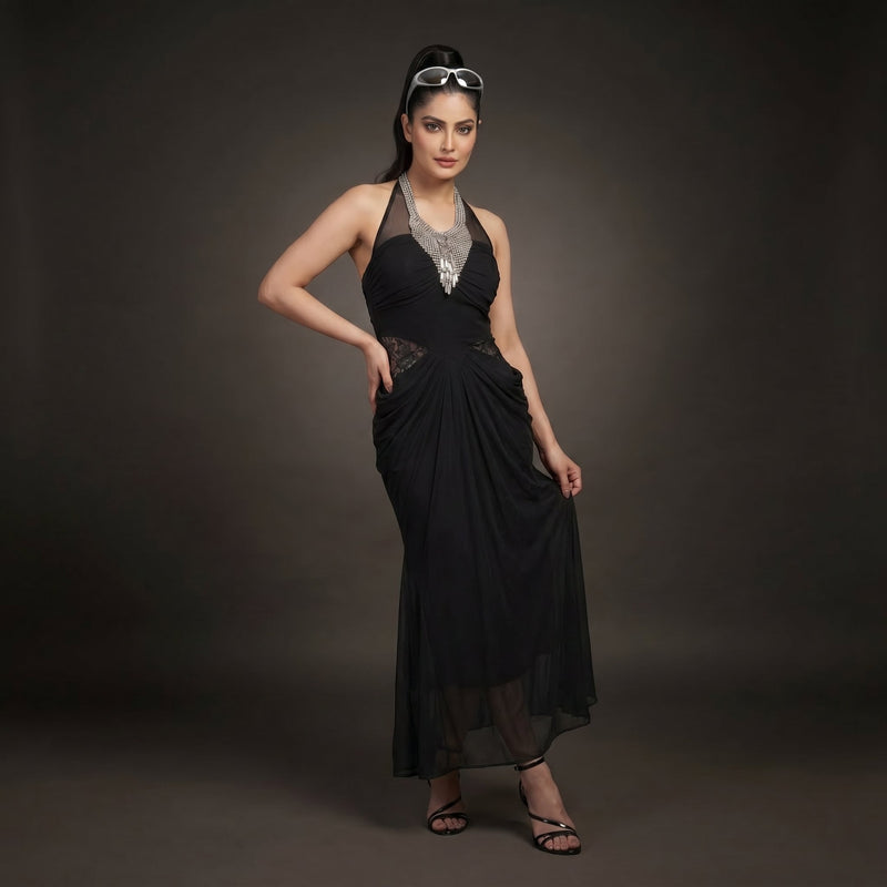 Black Halter Neck Draped Maxi Dress