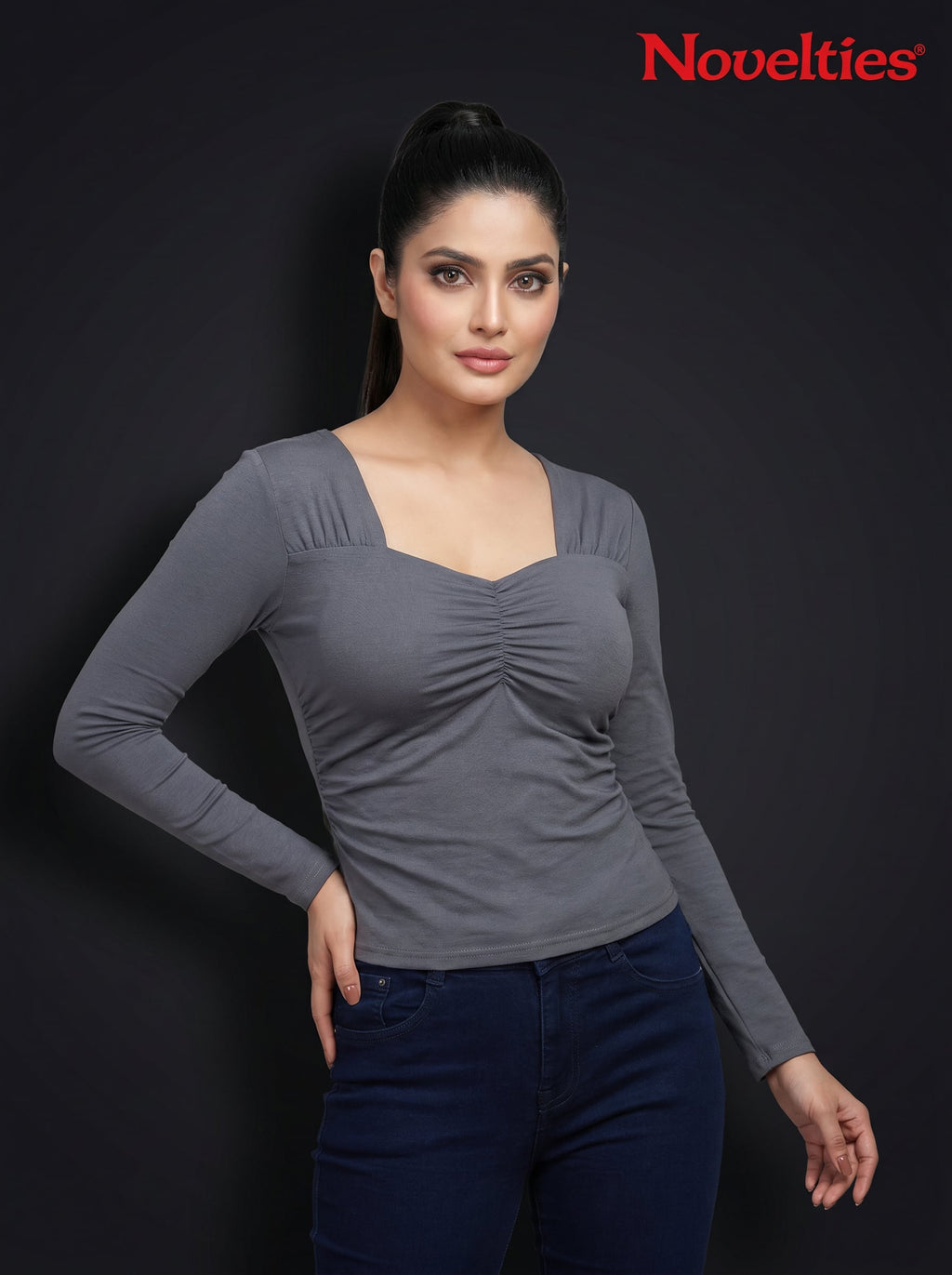 Ruched Sweetheart Neck Cropped Long Sleeve Top