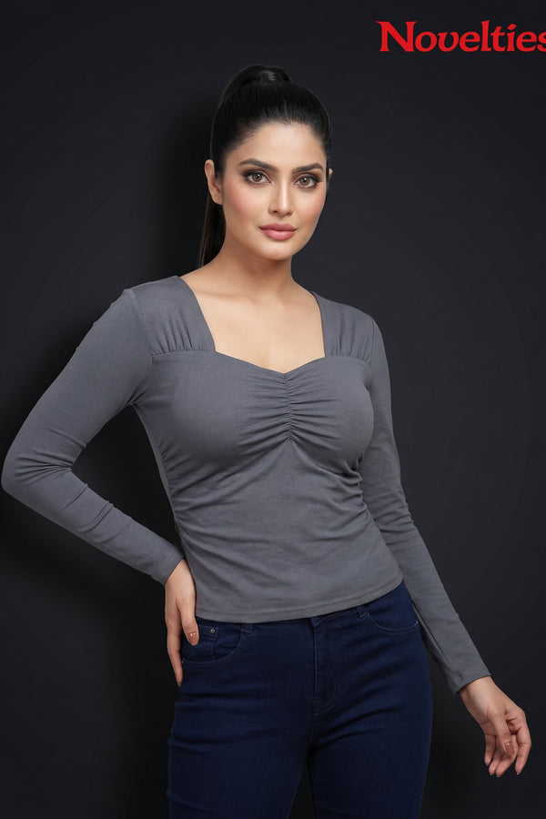 Ruched Sweetheart Neck Cropped Long Sleeve Top