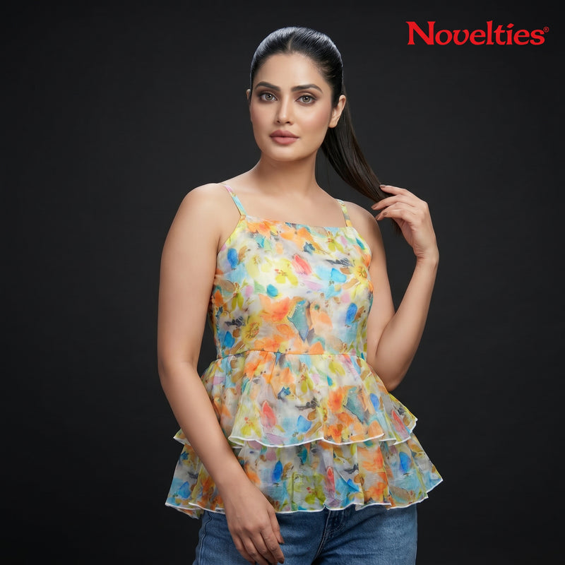 Watercolour Bloom Double-Frill Peplum Top