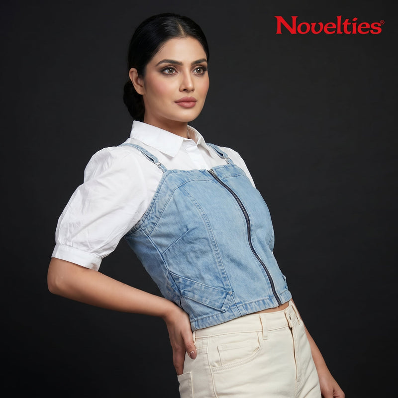 Denim Blue Zip-Front Corset Vest