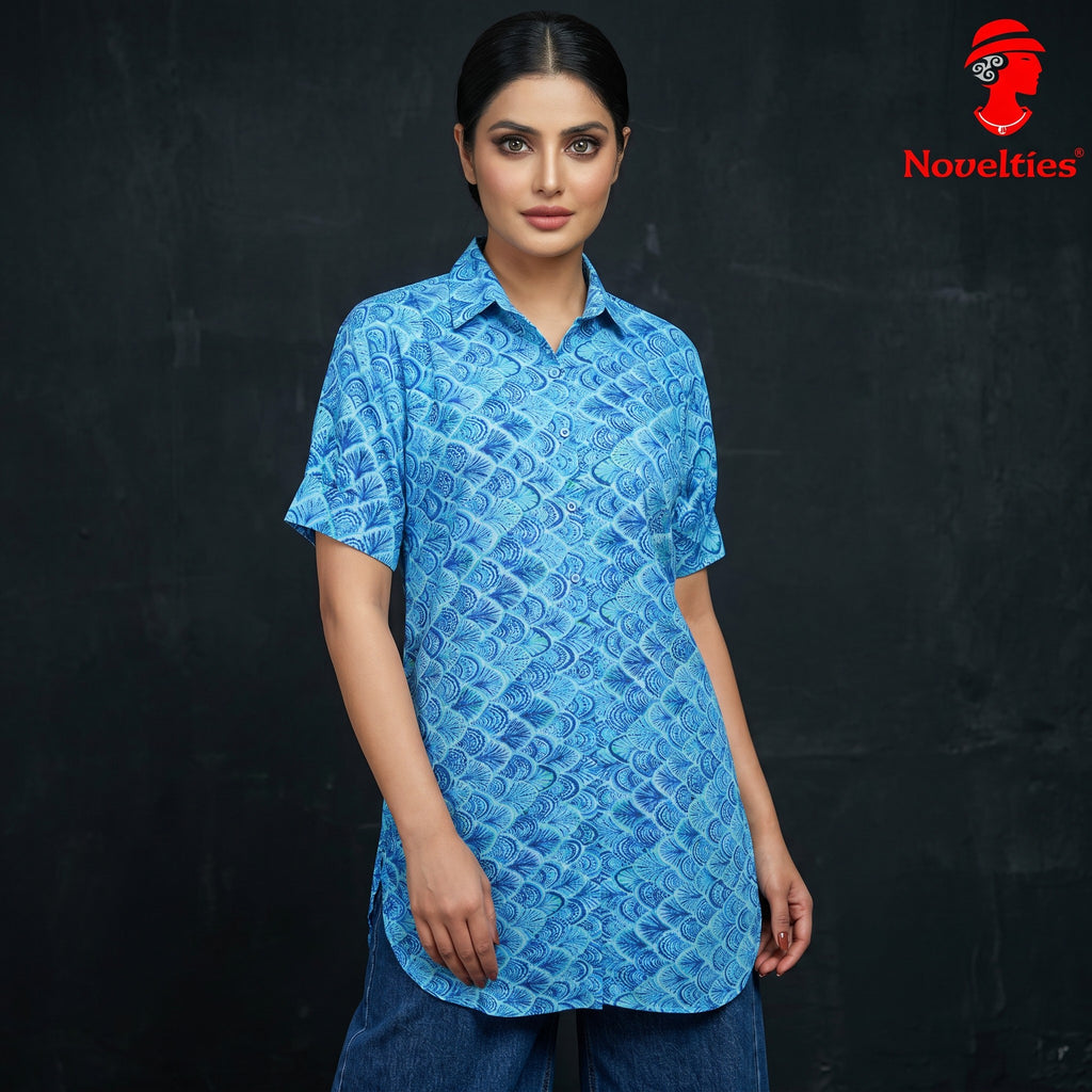 Blue Peacock Print Cotton Shirt Tunic