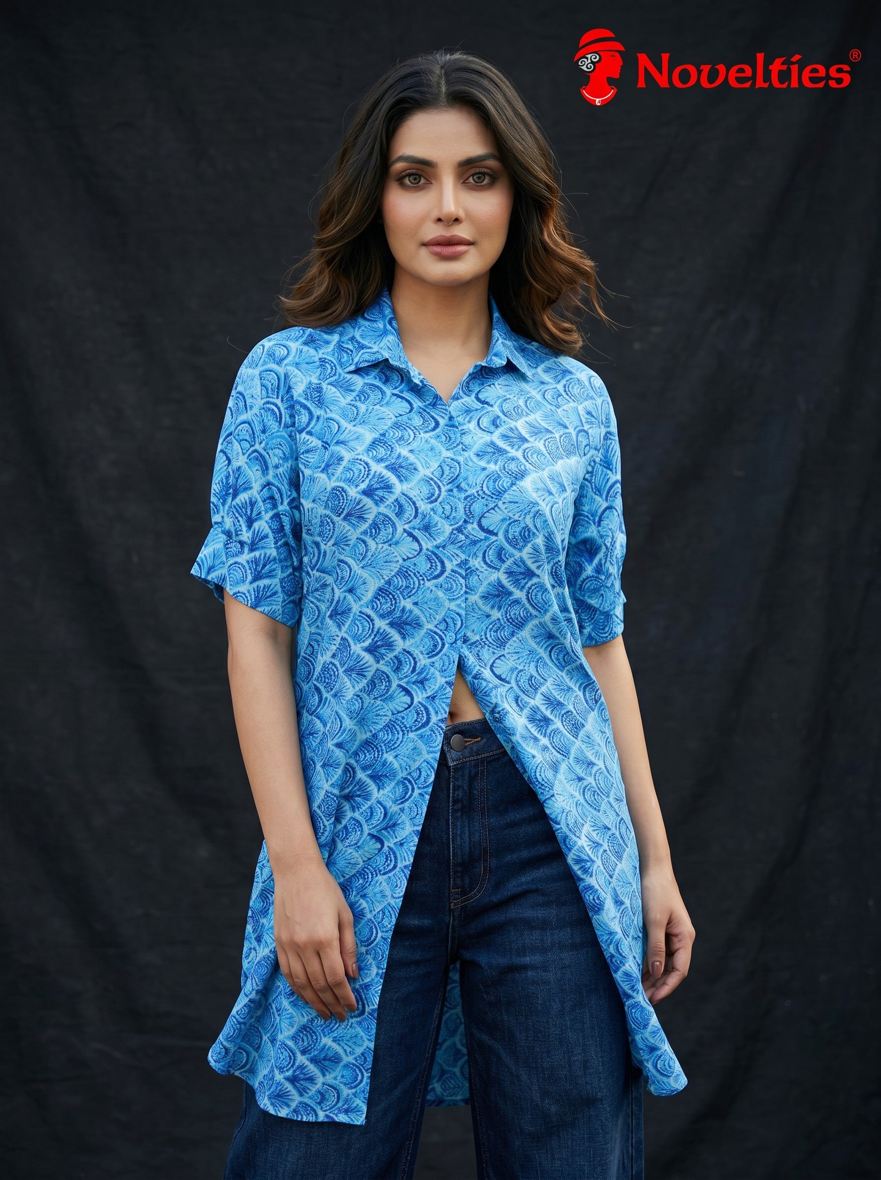 Blue Peacock Print Cotton Shirt Tunic