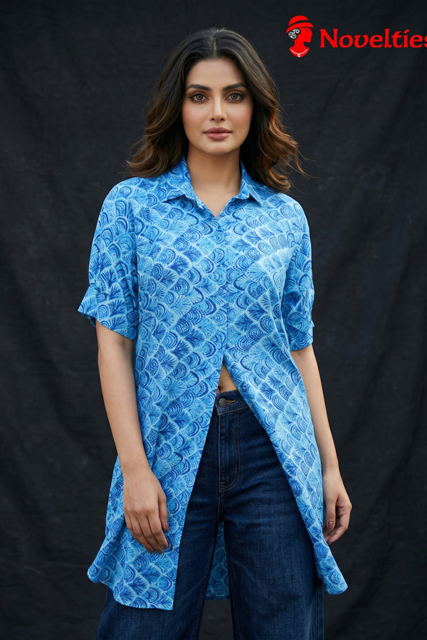 Blue Peacock Print Cotton Shirt Tunic