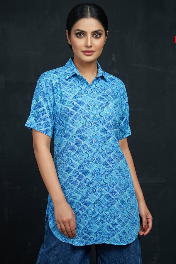 Blue Peacock Print Cotton Shirt Tunic