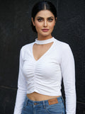 Choker Neck Ruched V-Cutout Cropped Long Sleeve Top
