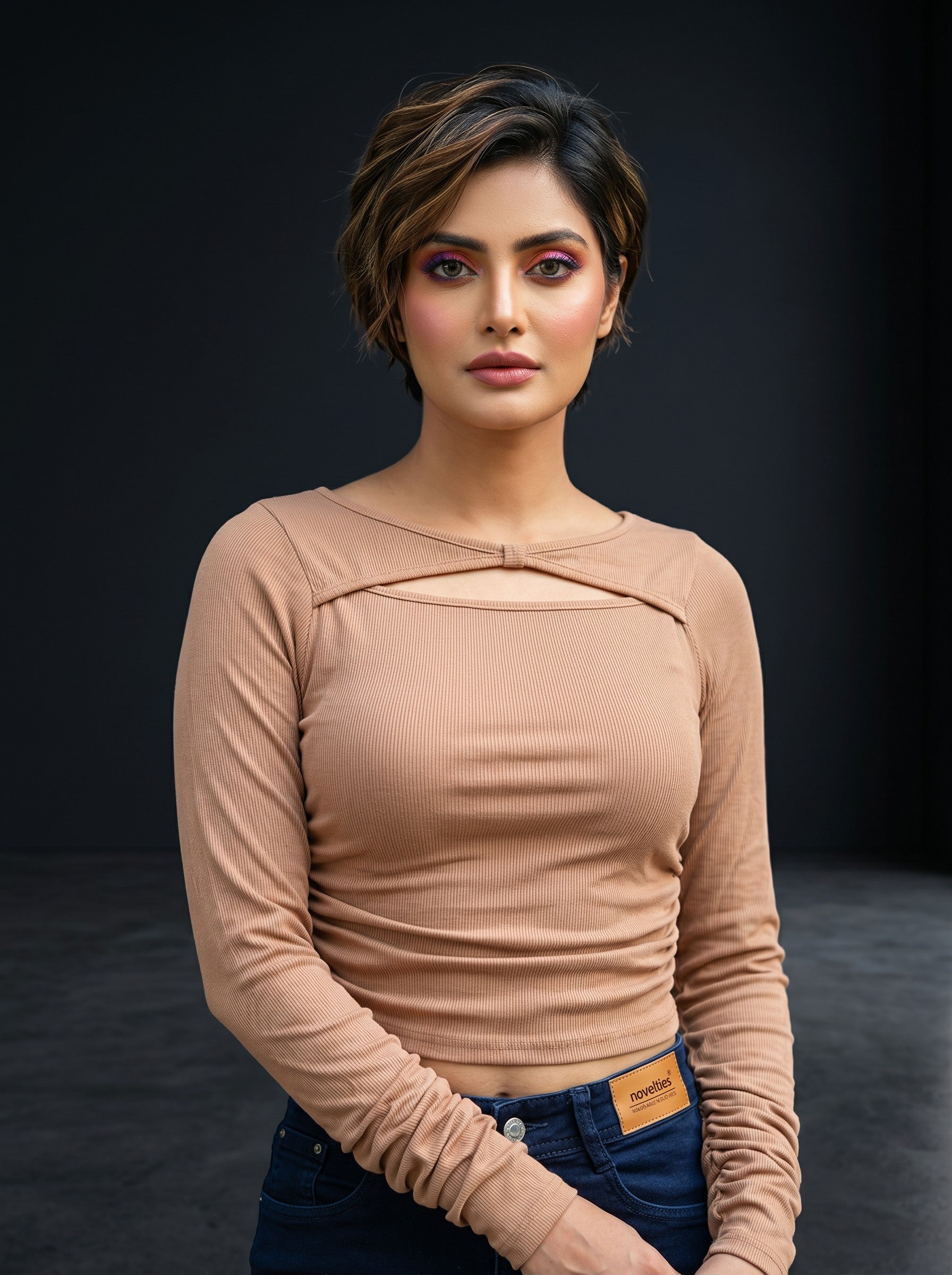 Ribbed Cutout Twist-Front Cropped Long Sleeve Top