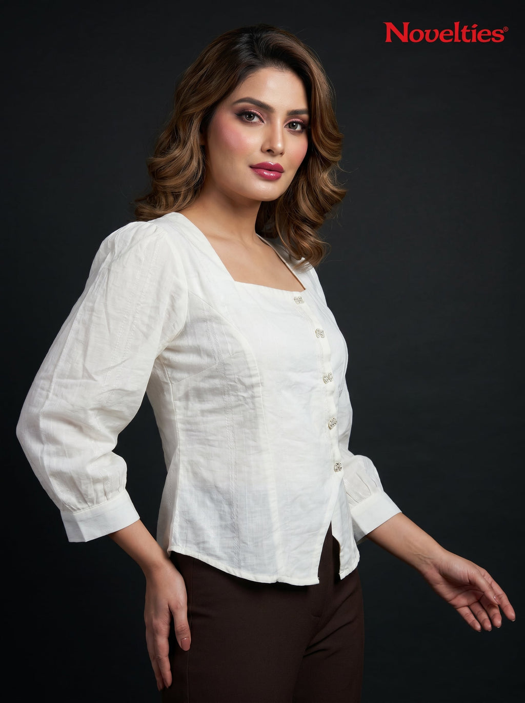 Jacquard Square Neck Top with Jewel Buttons