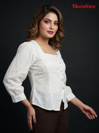 Jacquard Square Neck Top with Jewel Buttons