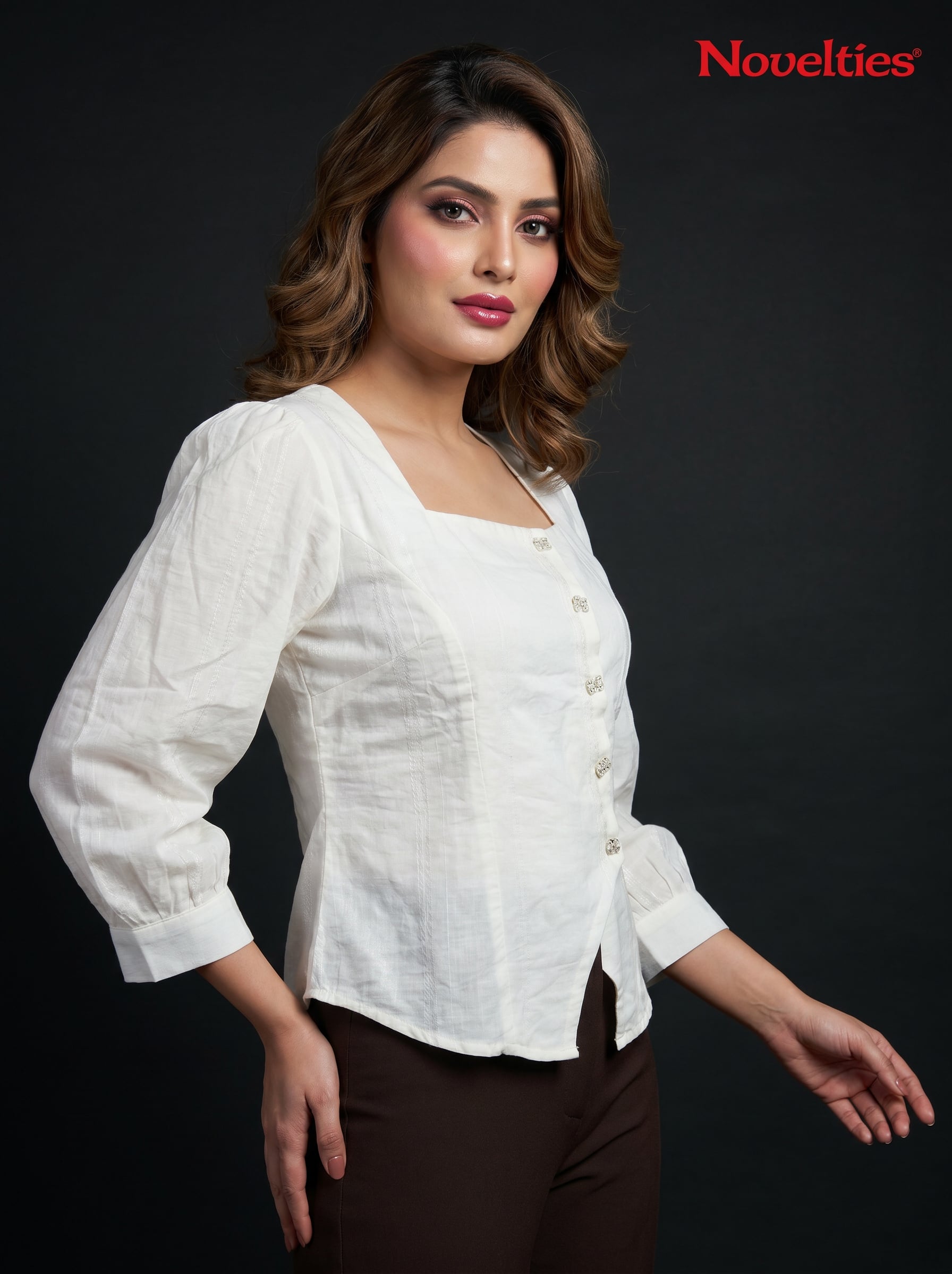 Jacquard Square Neck Top with Jewel Buttons