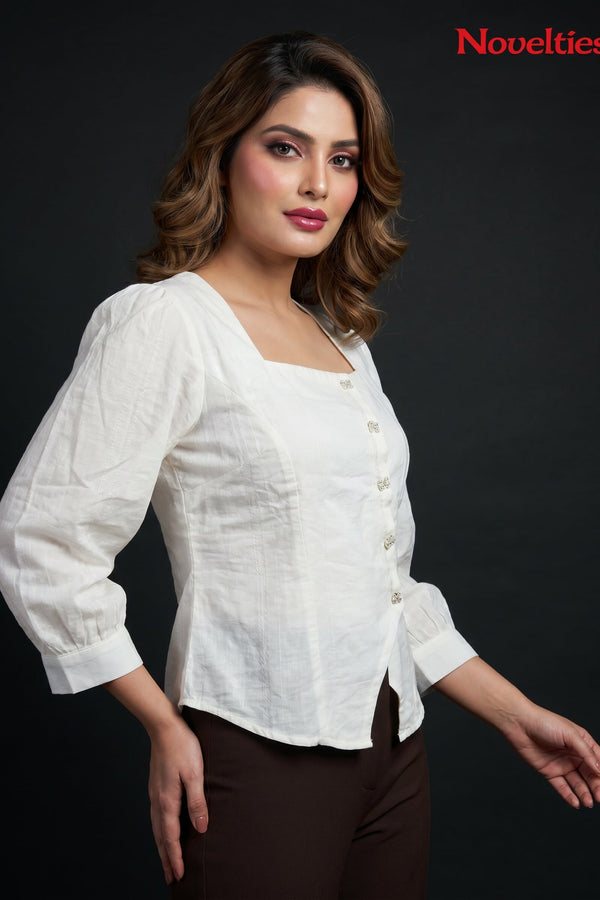 Jacquard Square Neck Top with Jewel Buttons