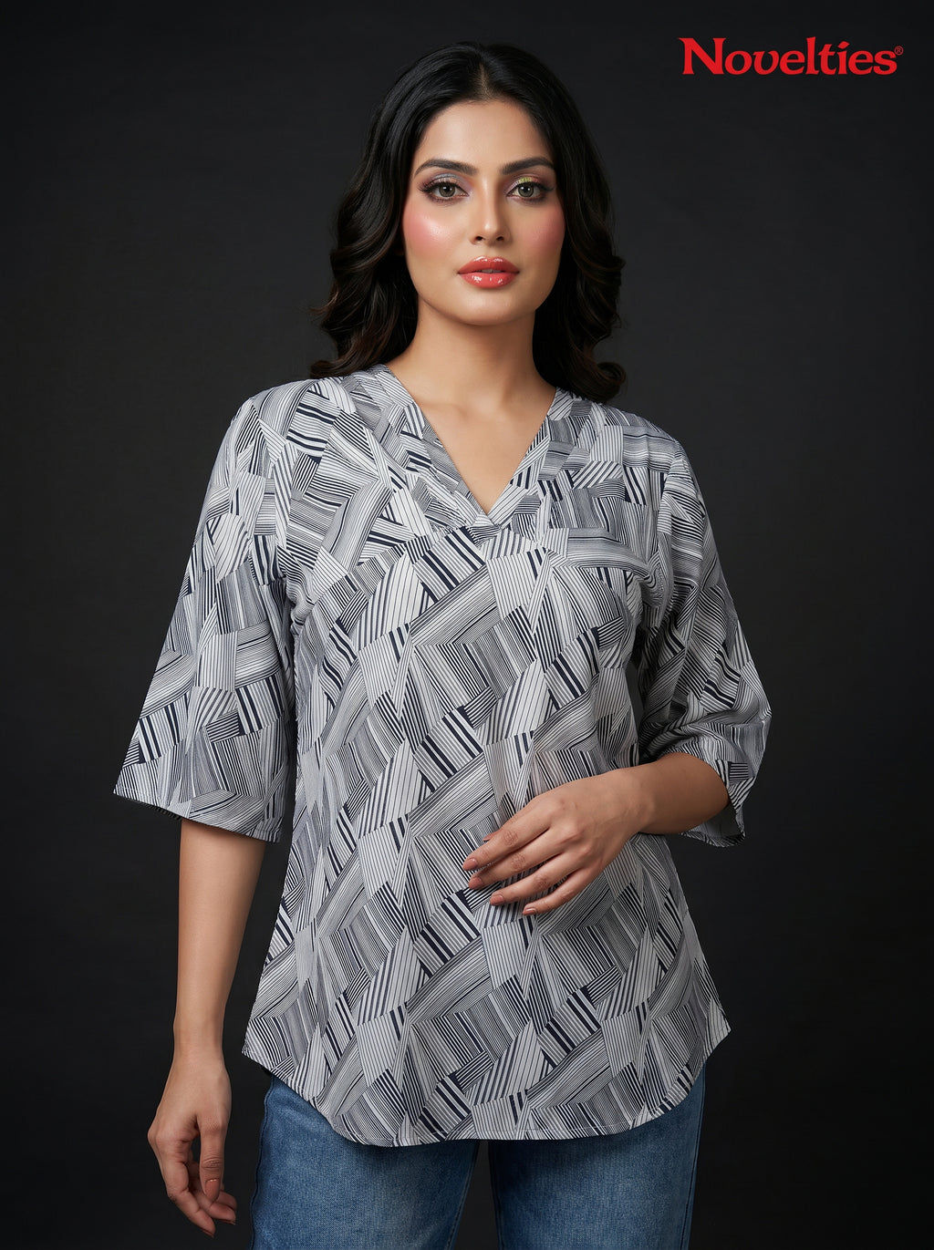 Abstract Geo-Print Relaxed V-Neck Top