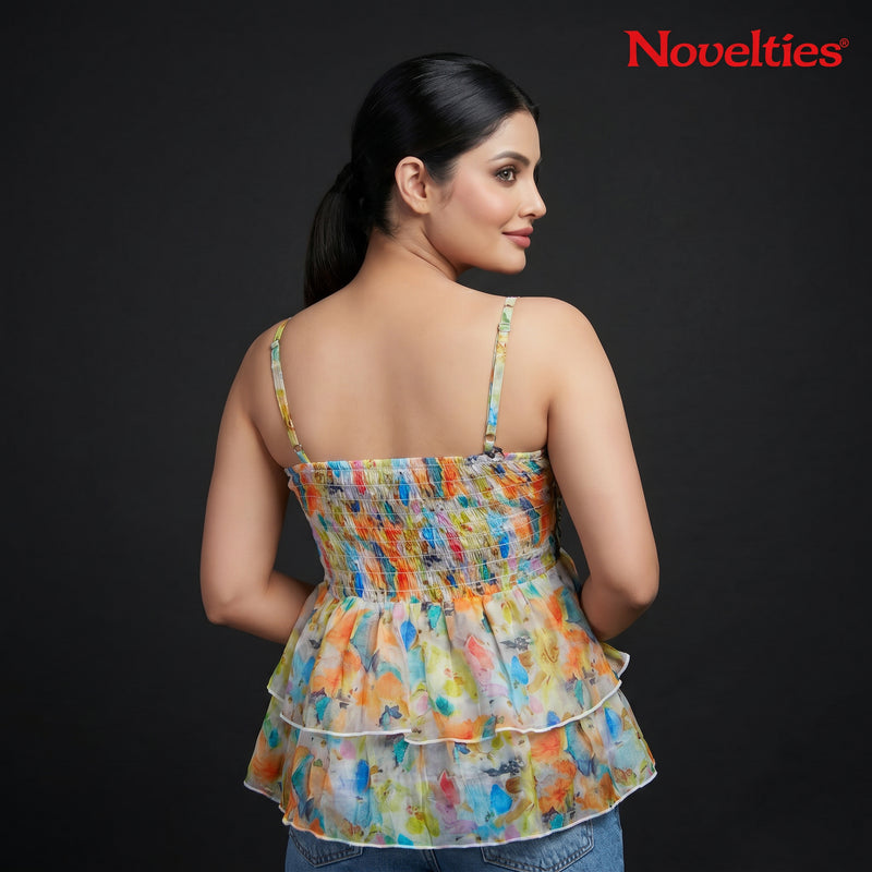 Watercolour Bloom Double-Frill Peplum Top