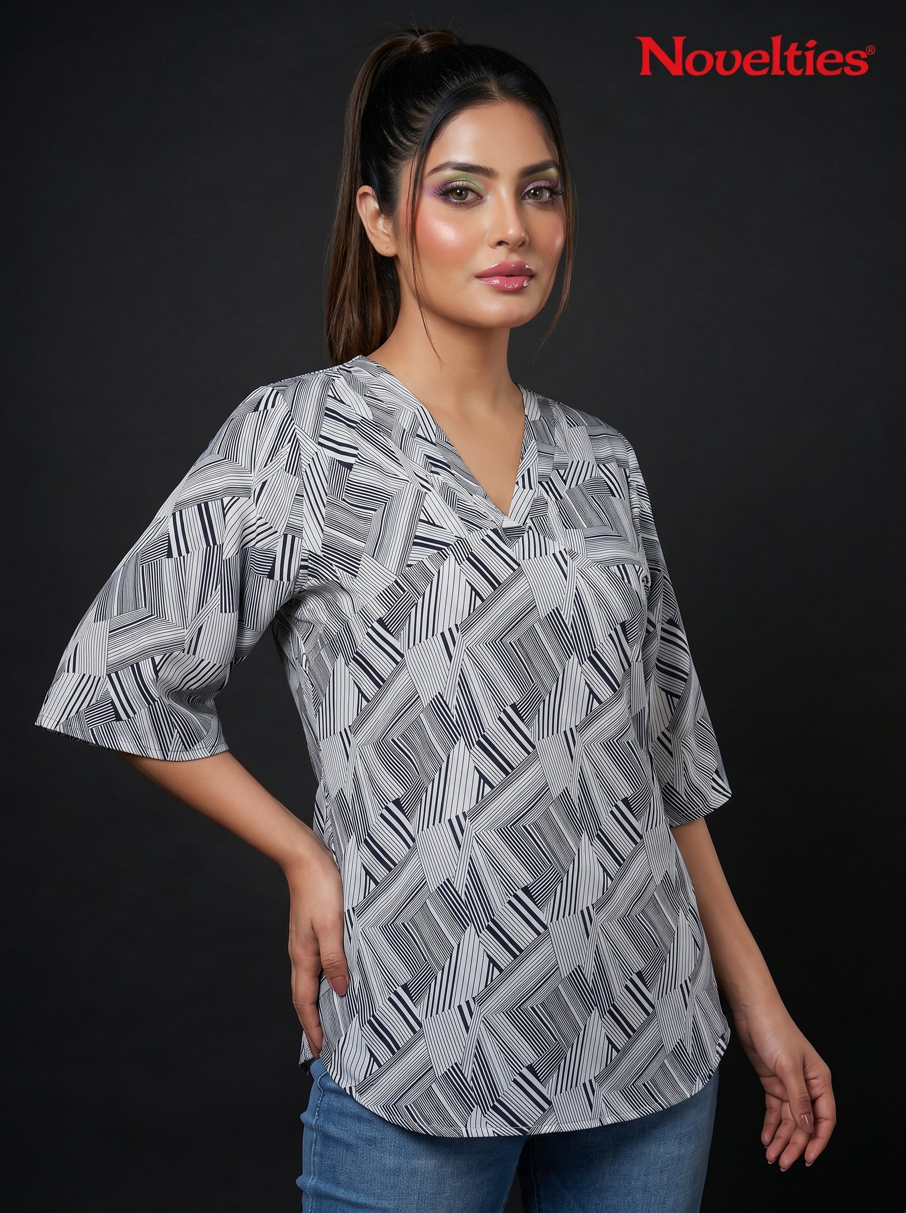 Abstract Geo-Print Relaxed V-Neck Top