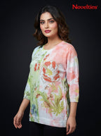 Botanical Digital Print Embellished Round Neck Tunic Top