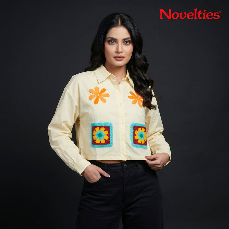 Butter Yellow Crochet Granny Square Patch Crop Shirt