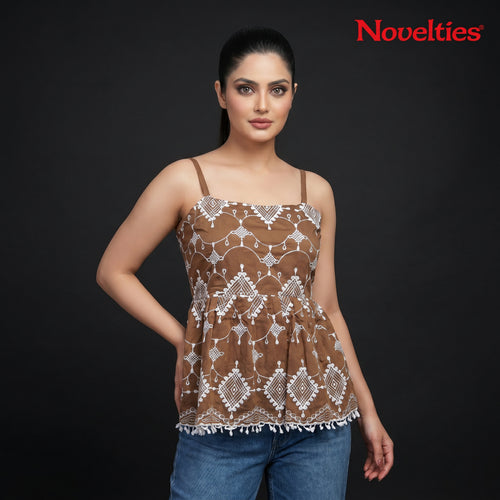 Braunes, besticktes Peplum-Top mit Chikankari-Stickerei