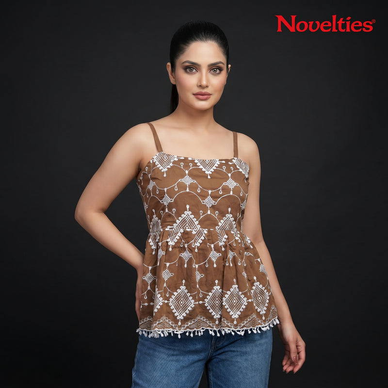 Brown Chikankari Embroidered Peplum Top