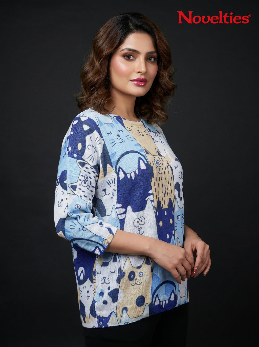 Whimsical Cat Cartoon Print Round Neck Relaxed Top