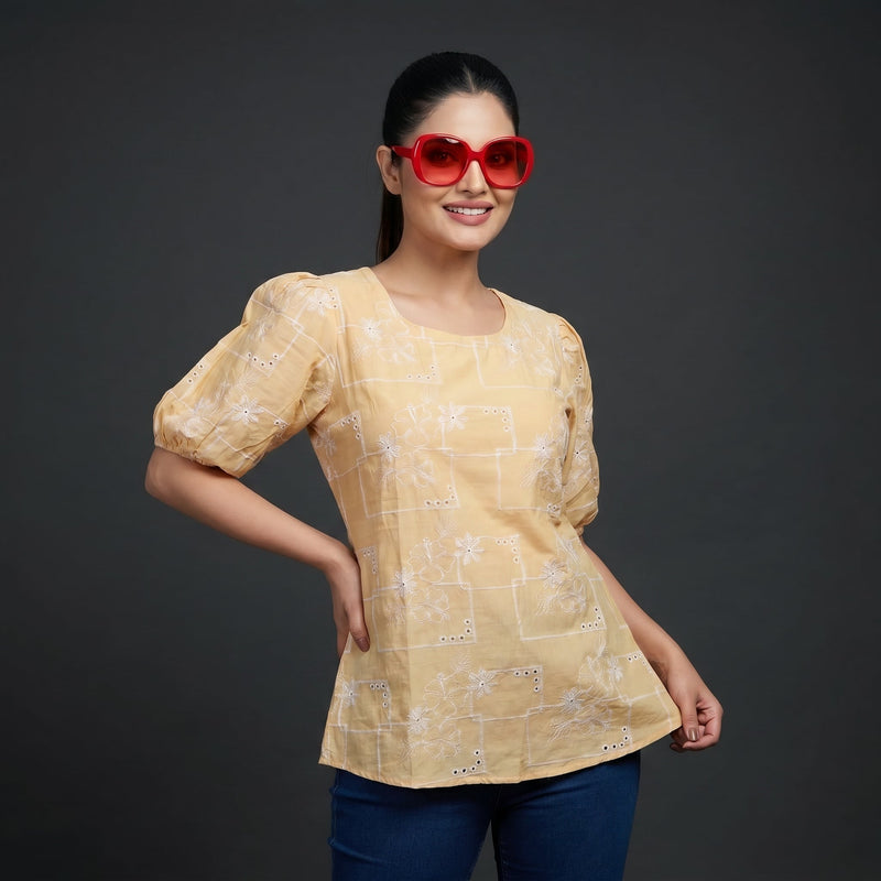 Butter Yellow Schiffli Puff Sleeve Top