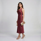 Wine Satin Cowl Neck Midi Dress