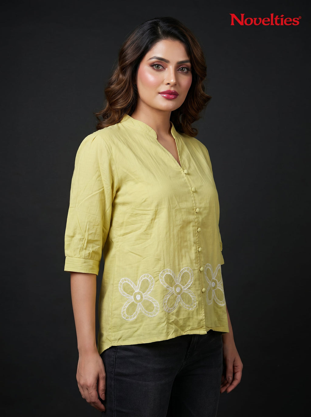 Cutwork Floral Hem Mandarin Collar Shirt