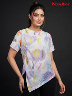 Alphabet Watercolour Print Asymmetric Hem Mesh Top
