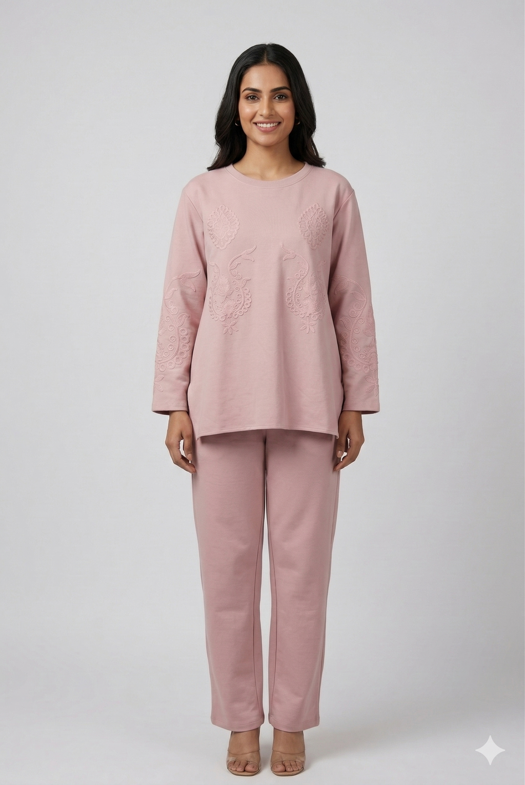 Blush Pink Embroidered Tunic & Straight Pants Co-ord Set