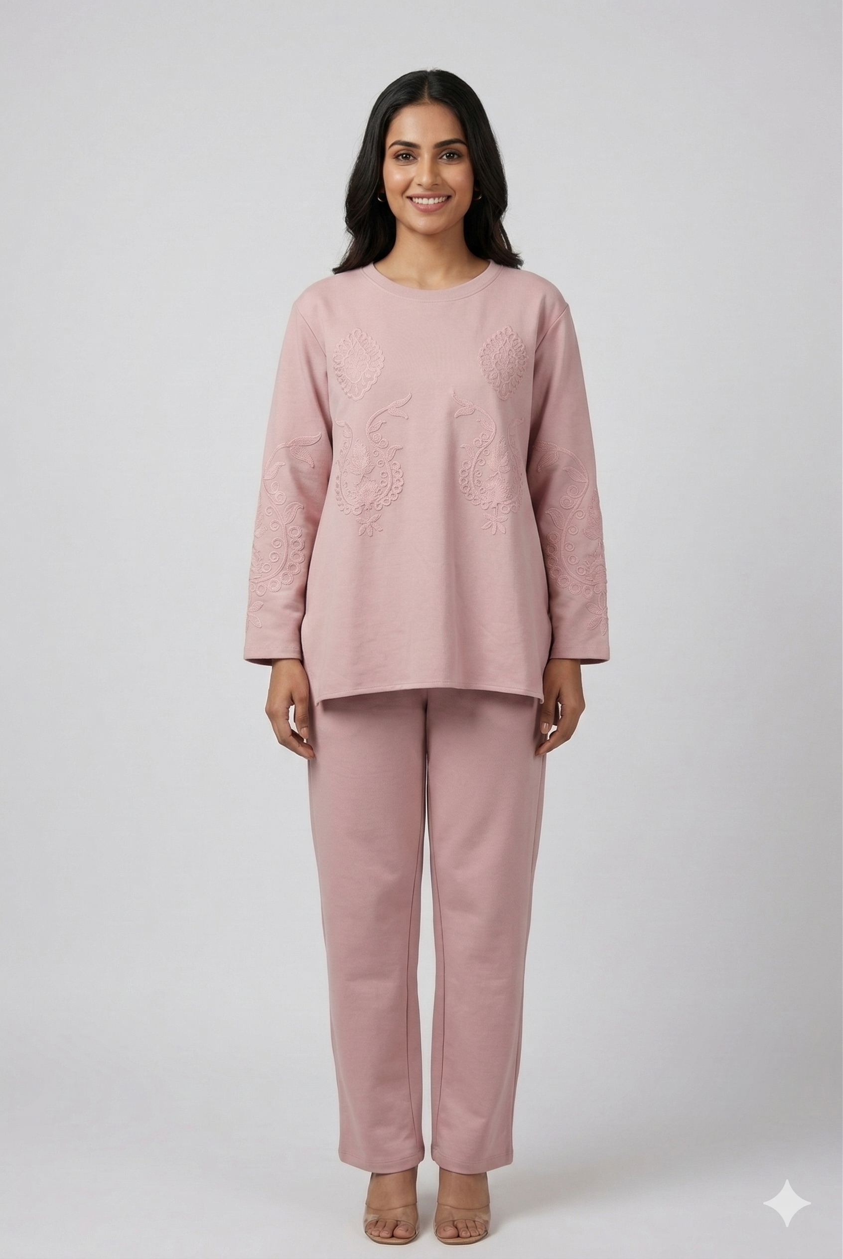 Blush Pink Embroidered Tunic & Straight Pants Co-ord Set