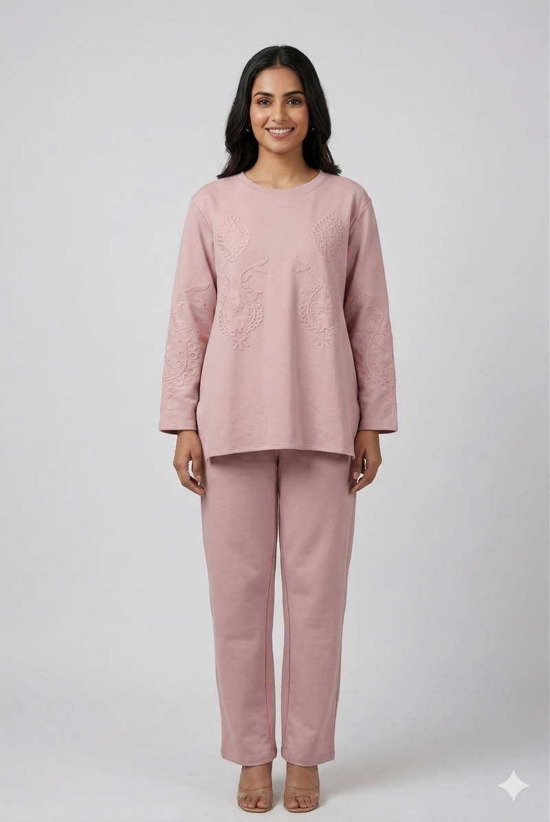Blush Pink Embroidered Tunic & Straight Pants Co-ord Set