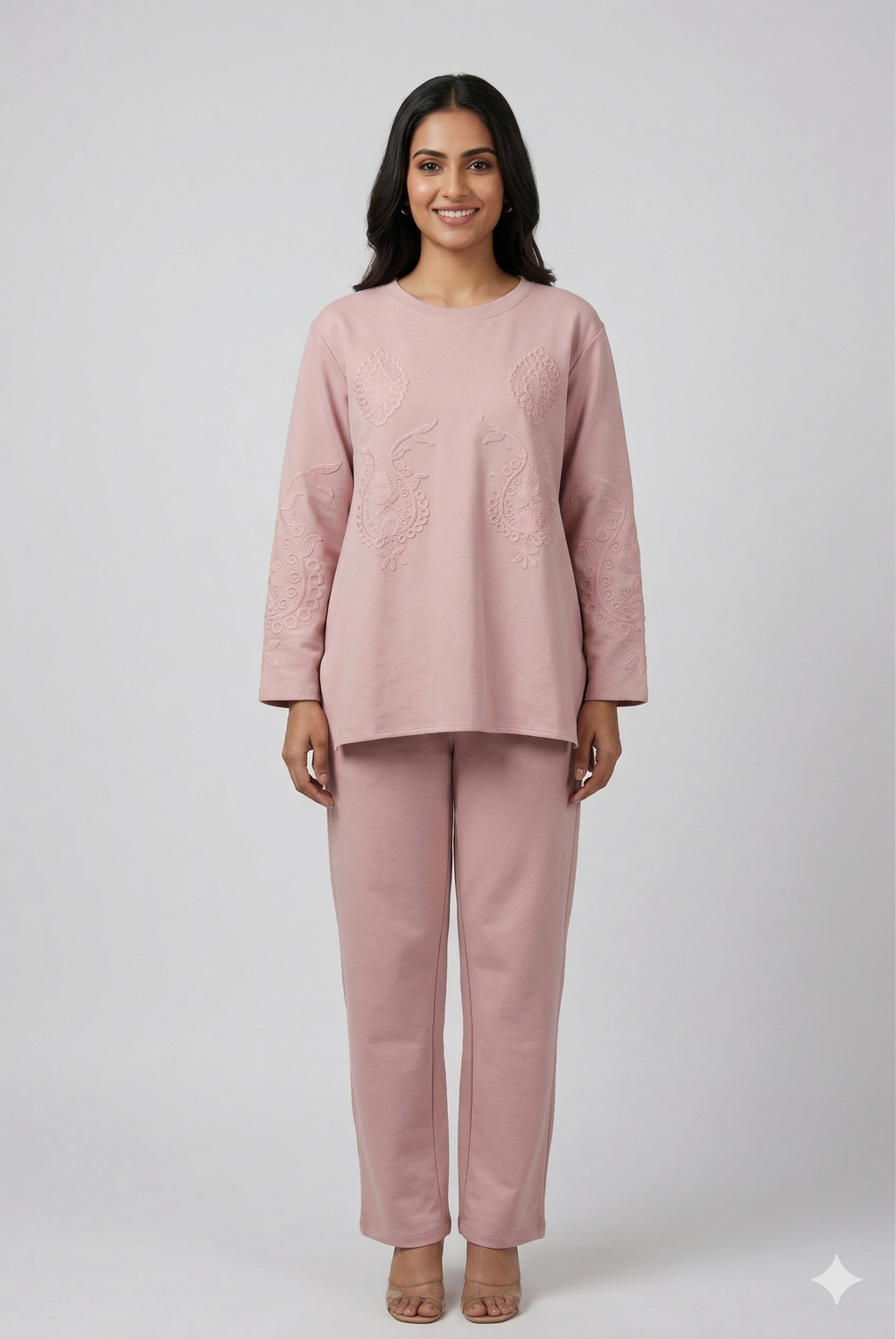 Blush Pink Embroidered Tunic & Straight Pants Co-ord Set