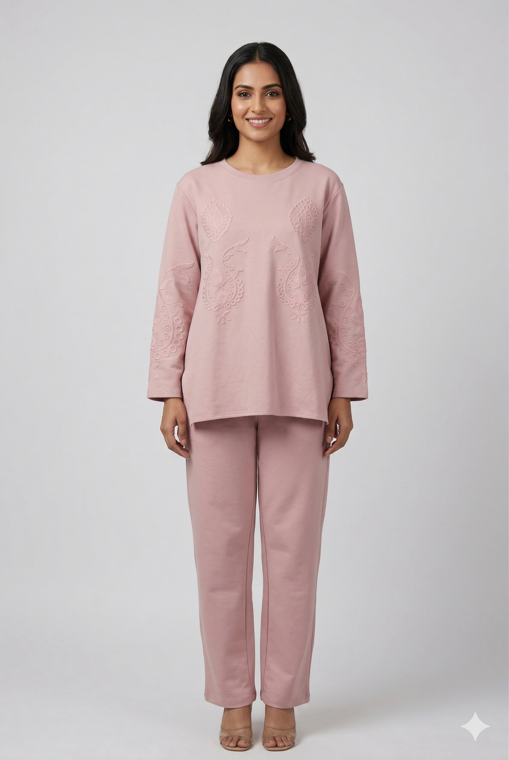 Blush Pink Embroidered Tunic & Straight Pants Co-ord Set