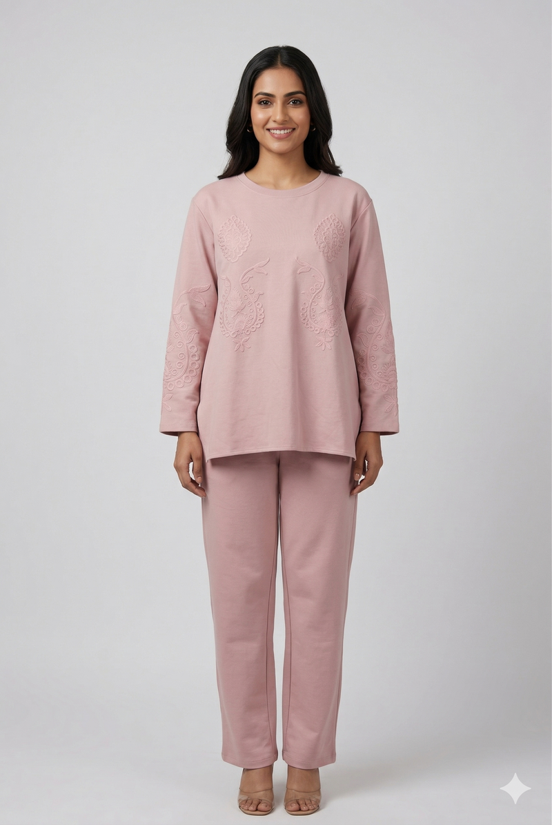 Blush Pink Embroidered Tunic & Straight Pants Co-ord Set
