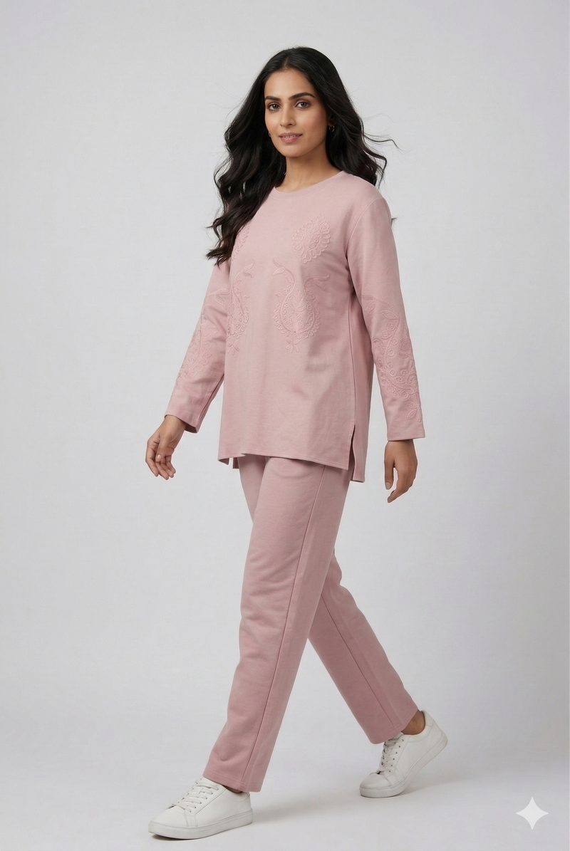 Blush Pink Embroidered Tunic & Straight Pants Co-ord Set