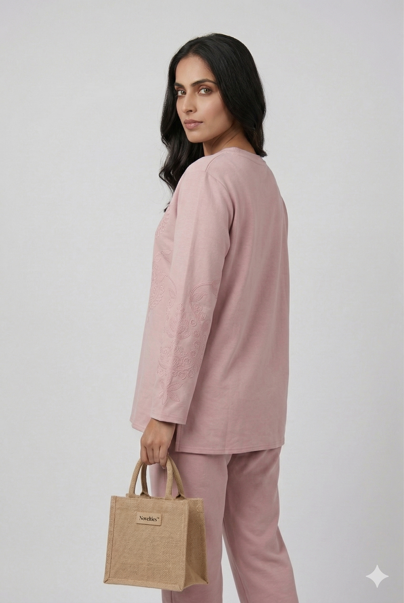 Blush Pink Embroidered Tunic & Straight Pants Co-ord Set