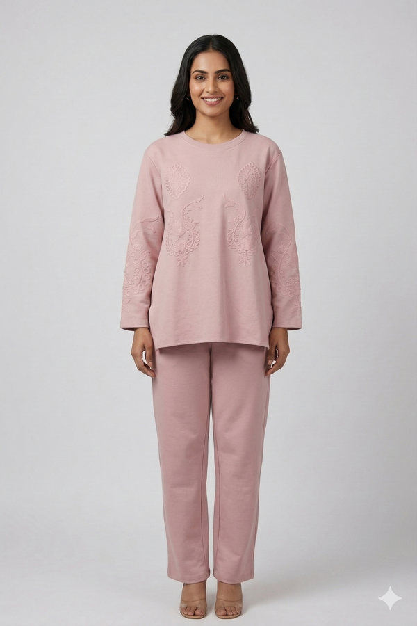 Blush Pink Embroidered Tunic & Straight Pants Co-ord Set