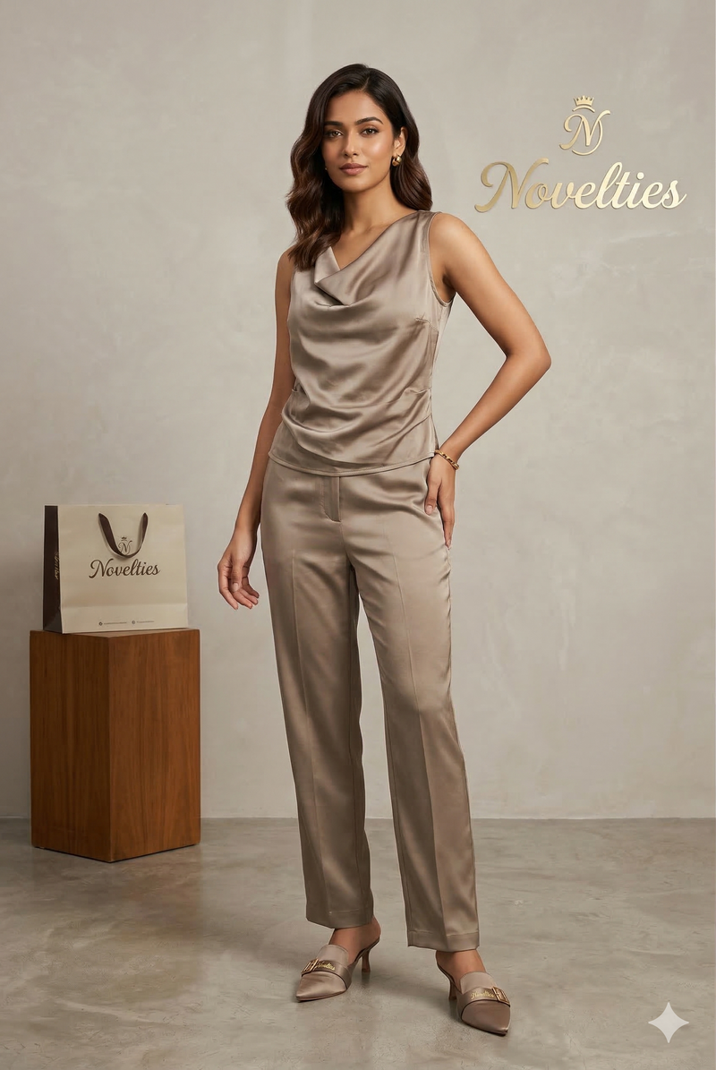 Champagne Satin Cowl-Neck Co-ord Set
