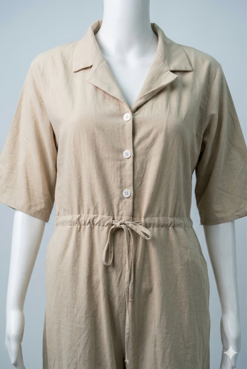 Beige Linen Drawstring Jumpsuit