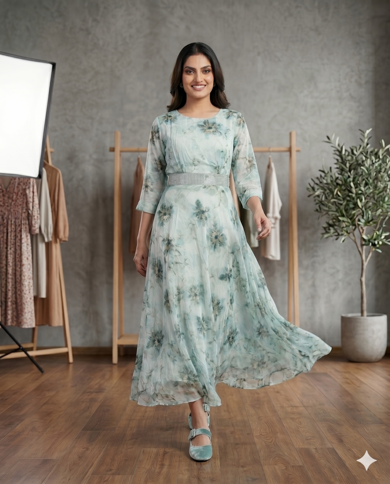 Sage Green Floral Chiffon Flared Maxi Dress with Embellished Belt