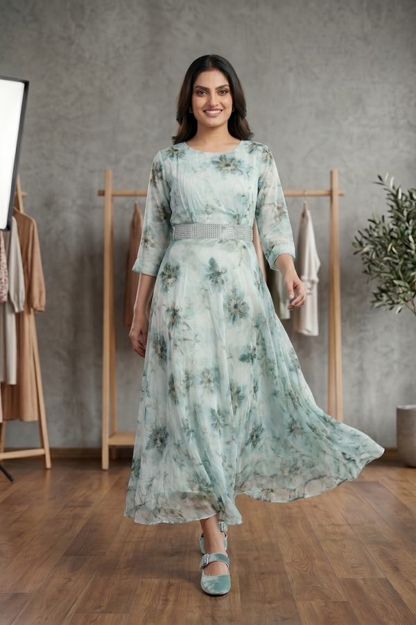 Sage Green Floral Chiffon Flared Maxi Dress with Embellished Belt