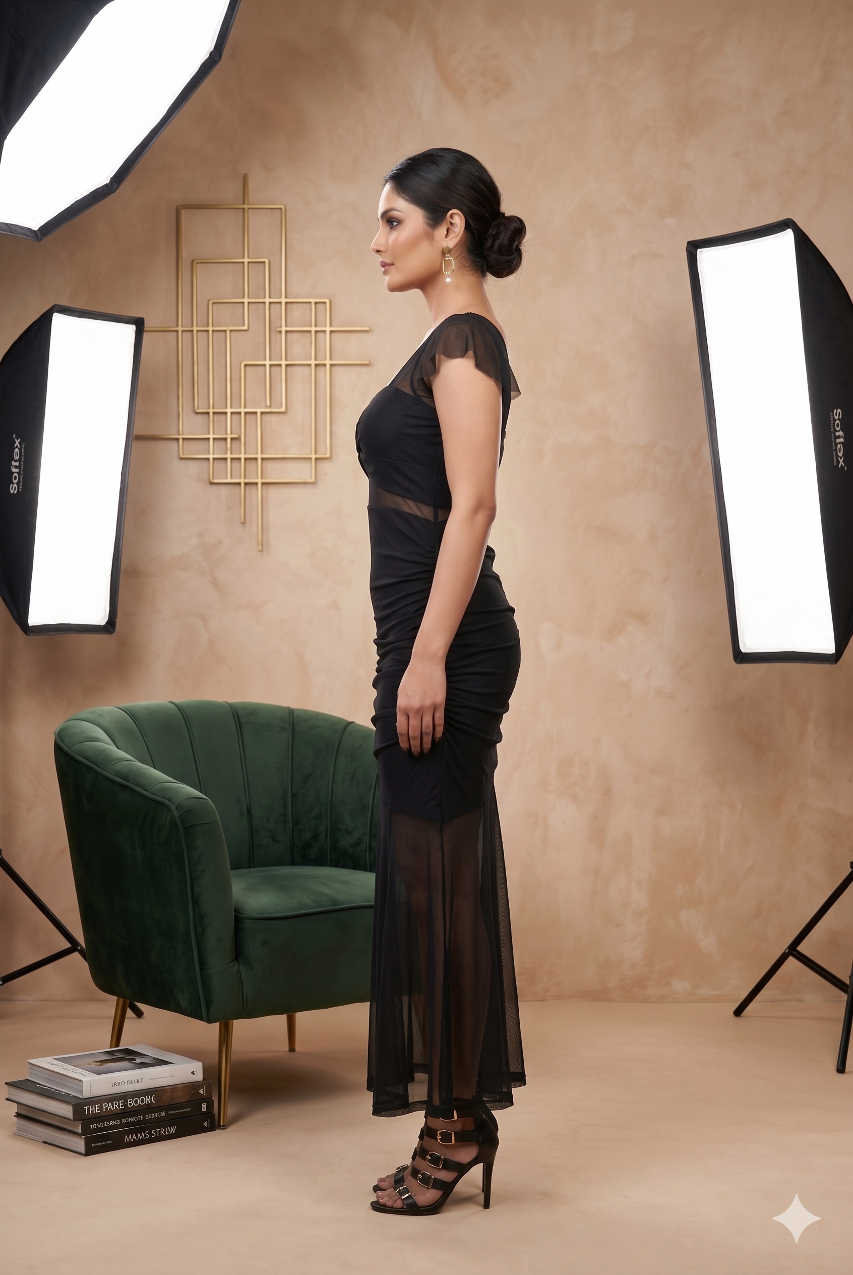 Schwarzes, gerafftes Midi-Kleid aus Mesh
