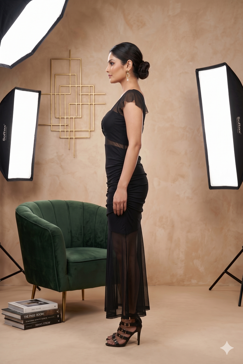 Black Mesh Ruched Midi Dress