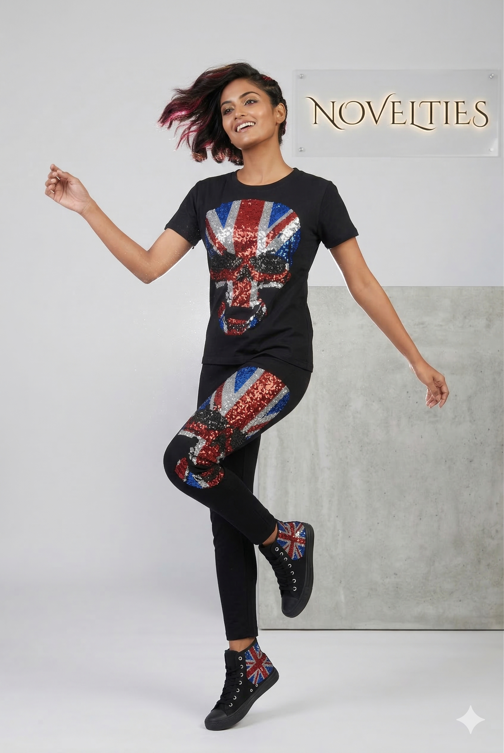 Black Sequin Skull Union Jack Co-ord Set