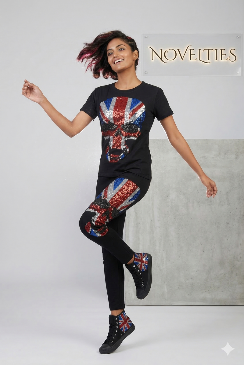 Black Sequin Skull Union Jack Co-ord Set