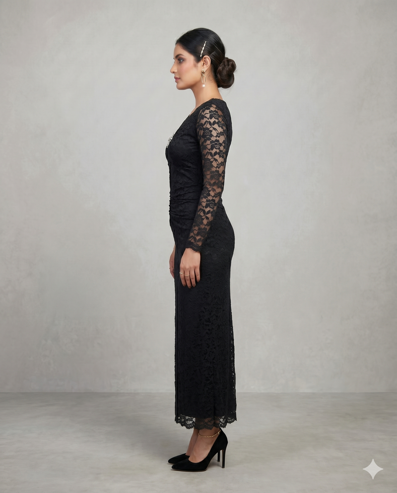 Black Floral Lace Bodycon Midi Dress with Brooch Detail