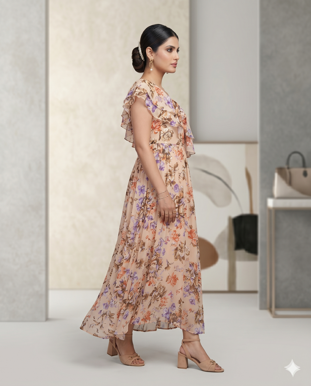Peach Floral One-Shoulder Maxi Dress